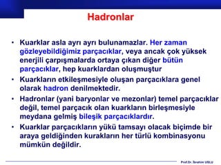 Hadronlar

• Kuarklar asla ayrı ayrı bulunamazlar. Her zaman
  gözleyebildiğimiz parçacıklar, veya ancak çok yüksek
  enerjili çarpışmalarda ortaya çıkan diğer bütün
  parçacıklar, hep kuarklardan oluşmuştur
• Kuarkların etkileşmesiyle oluşan parçacıklara genel
  olarak hadron denilmektedir.
• Hadronlar (yani baryonlar ve mezonlar) temel parçacıklar
  değil, temel parçacık olan kuarkların birleşmesiyle
  meydana gelmiş bileşik parçacıklardır.
• Kuarklar parçacıkların yükü tamsayı olacak biçimde bir
  araya geldiğinden kurakların her türlü kombinasyonu
  mümkün değildir.

                                               Prof.Dr. İbrahim USLU
 