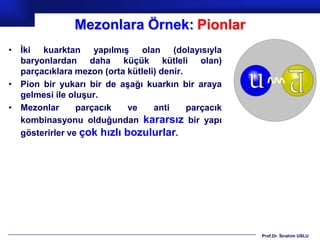 Mezonlara Örnek: Pionlar
• İki kuarktan yapılmış olan (dolayısıyla
  baryonlardan daha küçük kütleli olan)
  parçacıklara mezon (orta kütleli) denir.
• Pion bir yukarı bir de aşağı kuarkın bir araya
  gelmesi ile oluşur.
• Mezonlar      parçacık    ve    anti     parçacık
  kombinasyonu olduğundan kararsız bir yapı
  gösterirler ve çok hızlı bozulurlar.




                                                      Prof.Dr. İbrahim USLU
 