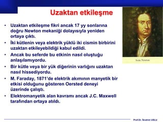 Uzaktan etkileşme
• Uzaktan etkileşme fikri ancak 17 yy sonlarına
  doğru Newton mekaniği dolayısıyla yeniden
  ortaya çıktı.
• İki kütlenin veya elektrik yüklü iki cismin birbirini
  uzaktan etkileyebildiği kabul edildi.
• Ancak bu seferde bu etkinin nasıl oluştuğu
  anlaşılamıyordu.
• Bir kütle veya bir yük diğerinin varlığını uzaktan
  nasıl hissediyordu.
• M. Faraday, 1871’de elektrik akımının manyetik bir
  etkisi olduğunu gösteren Oersted deneyi
  üzerinde çalıştı.
• Elektromanyetik alan kavramı ancak J.C. Maxwell
  tarafından ortaya atıldı.


                                                          Prof.Dr. İbrahim USLU
 