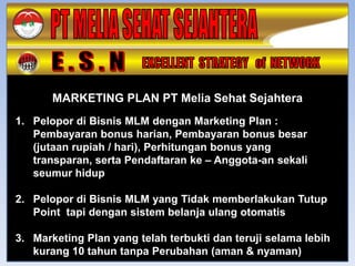 MARKETING PLAN PT Melia Sehat Sejahtera
1. Pelopor di Bisnis MLM dengan Marketing Plan :
   Pembayaran bonus harian, Pembayaran bonus besar
   (jutaan rupiah / hari), Perhitungan bonus yang
   transparan, serta Pendaftaran ke – Anggota-an sekali
   seumur hidup

2. Pelopor di Bisnis MLM yang Tidak memberlakukan Tutup
   Point tapi dengan sistem belanja ulang otomatis

3. Marketing Plan yang telah terbukti dan teruji selama lebih
   kurang 10 tahun tanpa Perubahan (aman & nyaman)
 
