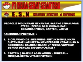 PROPOLIS DIGUNAKAN MENAMBAL SARANG LEBAH AGAR
           STERIL (BERSIH DARI KUMAN) DARI
           SERANGAN VIRUS, BAKTERI, JAMUR

KANDUNGAN PROPOLIS :

1. BIOFLAVONOIDS : BERFUNGSI UNTUK MEMULIHKAN
   SISTEM KAPILARI SERTA MEMPERBAIKI KERAPUHAN &
   KEBOCORAN SALURAN DARAH (1 TETES PROPOLIS
  SETARA DENGAN 500 BUAH JERUK )

2. PROTEIN ( 16 JENIS ASAM AMINO ), MINERAL –
   MINERAL SERTA VITAMIN VITAMIN
 