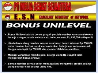  Bonus Unilevel adalah bonus yang di peroleh member karena melakukan
  belanja ulang otomatis selama satu bulan sebesar Rp 750,000 setiap unit

 Jika belanja ulang member selama satu bulan belum sebesar Rp 750,000
  maka member berhak untuk menambahkan belanja nya secara manual
  hingga mencapai Rp 750,000 dan memperoleh bonus unilevel

 Member yang tidak memiliki nilai belanja ulang Rp 750,000 tidak
  memperoleh bonus unilevel

 Semua member berhak untuk mendapatkan/ mengambil produk belanja
  ulang sebesar nilai belanja ulang nya.
 