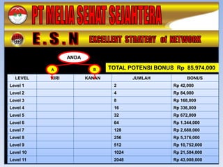 ANDA

           A               B     TOTAL POTENSI BONUS Rp 85,974,000
  LEVEL    KIRI          KANAN           JUMLAH            BONUS
Level 1                           2                  Rp 42,000
Level 2                           4                  Rp 84,000
Level 3                           8                  Rp 168,000
Level 4                           16                 Rp 336,000
Level 5                           32                 Rp 672,000
Level 6                           64                 Rp 1.344,000
Level 7                           128                Rp 2,688,000
Level 8                           256                Rp 5,376,000
Level 9                           512                Rp 10,752,000
Level 10                          1024               Rp 21,504,000
Level 11                          2048               Rp 43,008,000
 