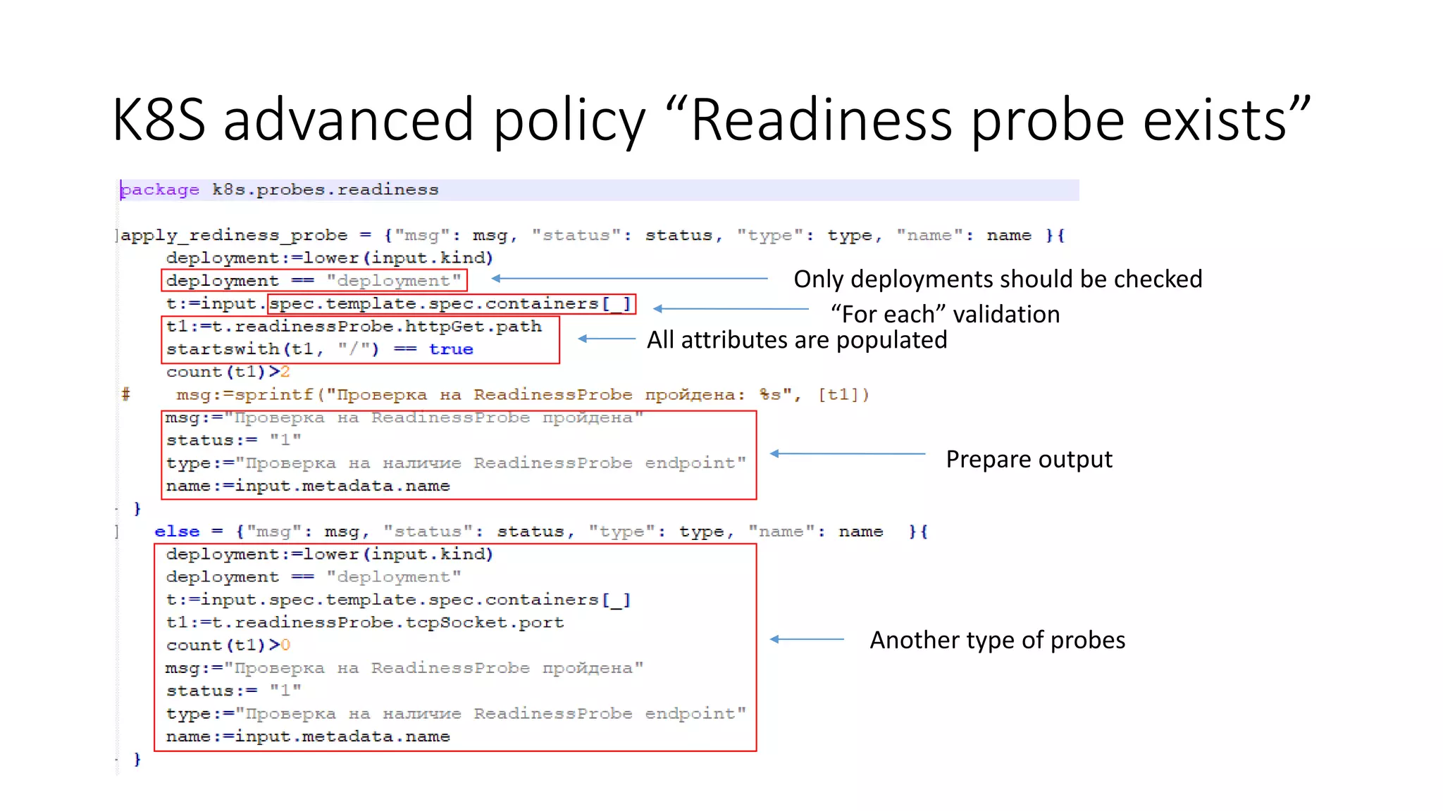 K8S advanced policy “Readiness probe exists”
Another type of probes
Only deployments should be checked
All attributes are populated
“For each” validation
Prepare output
 