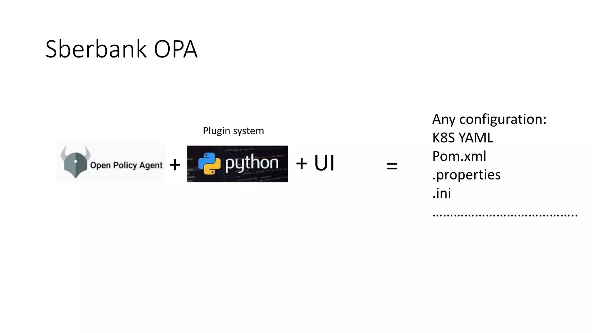 Sberbank OPA
+ =
Any configuration:
K8S YAML
Pom.xml
.properties
.ini
…………………………………..
+ UI
Plugin system
 