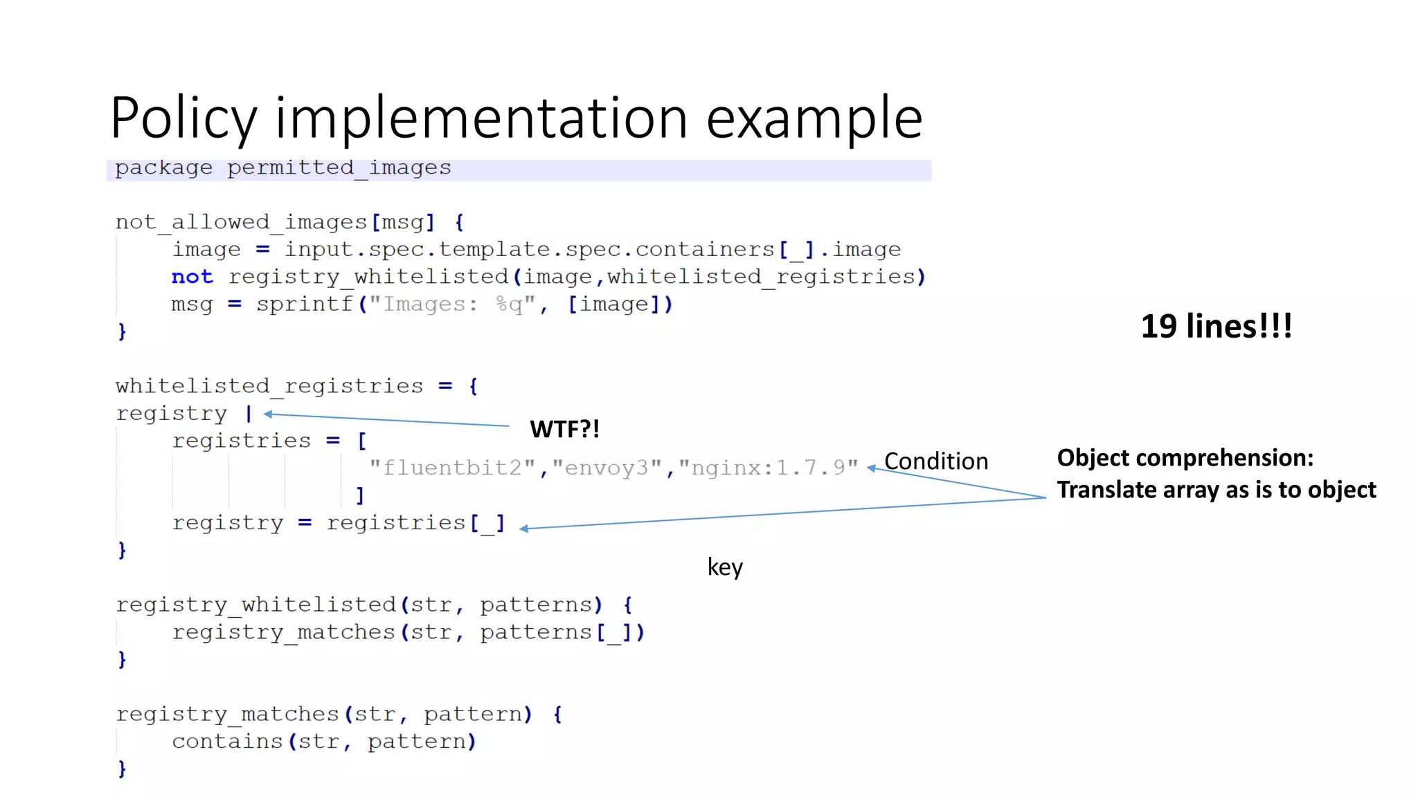 Policy implementation example
19 lines!!!
WTF?!
Object comprehension:
Translate array as is to object
key
Condition
 