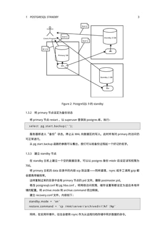 1 POST RESQL STA DBY                                                             3




                              Figure 2: PostgreSQL 9 的 standby


1.3.2 将 primary 节点设定为备份状态

  将 primary 节点 restart ，以 superuser 登录到 postgres 库，执行：

  select pg start backup ( ' ' ) ;

  服务器即进入“备份”状态。停止从 WAL 向数据区的写入。此时所有对 primary 的访问仍
可正常进行。
  从 pg start backup 函数的参数可以看出，我们可以给备份过程起一个好记的名字。


1.3.3 建立 standby 节点

  在 standby 主机上建立一个空的数据目录，可以以 postgres 身份 mkdir 后设定读写权限为
700。
  将 primary 主机的 data 目录中的内容 scp 到这里——同样道理，rsync 或手工调用 gzip 都
会提高传输效率。
  这样复制过来的目录中会有 primary 节点的 pid 文件。删除 postmaster.pid。
  修改 postgresql.conf 和 pg hba.conf ，将网络访问权限、缓存设置等都设定为适应本地环
境的配置。将 archive mode 和 archive command 项注释掉。
  建立 recovery.conf 文件，内容如下：

  standby mode = ' on '
  restore command = ' cp / mnt / s e r v e r / a r c h i v e d i r /% f %p '

  同样，在实用环境中，往往会使用 rsync 作为从远程归档存储中同步数据的命令。
 