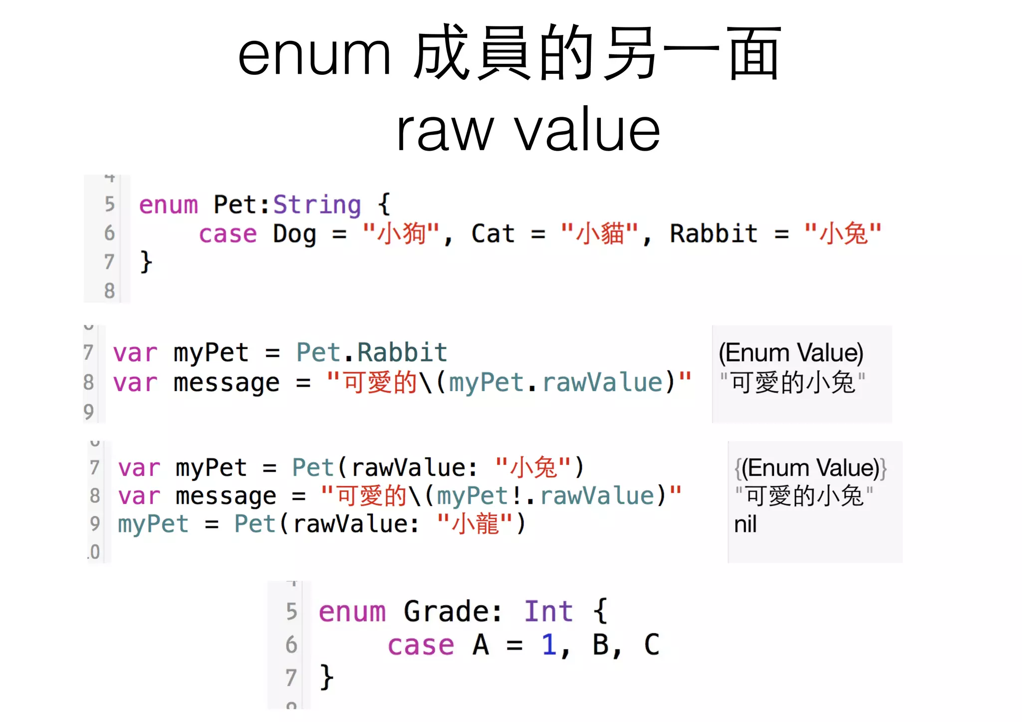 enum 成員的另⼀一⾯面
raw value
 