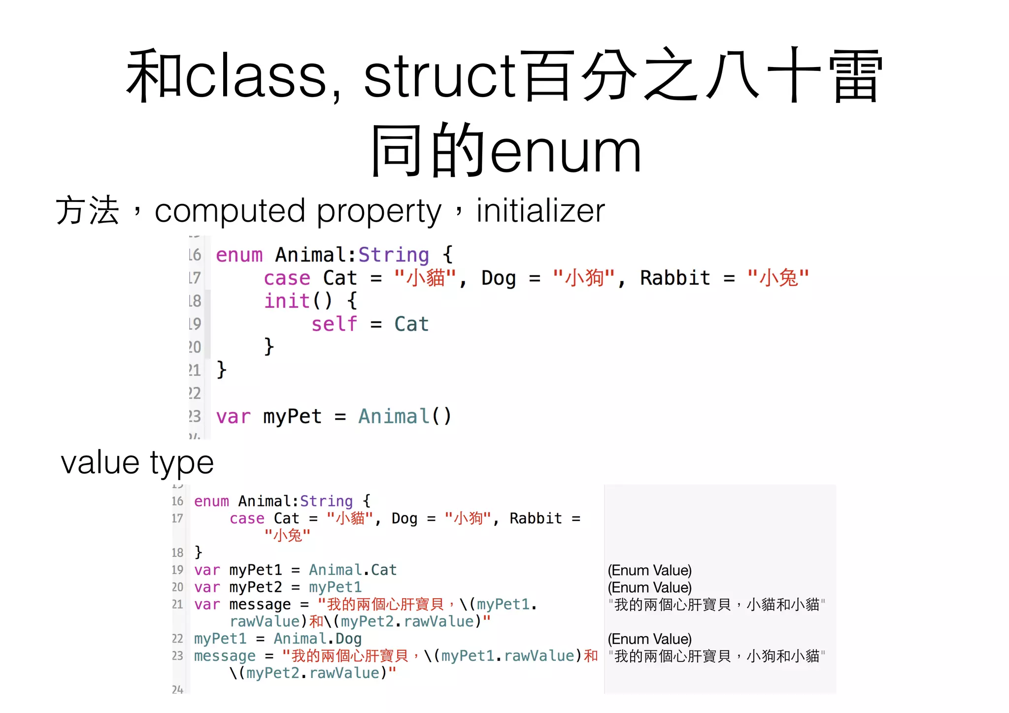和class, struct百分之⼋八⼗十雷
同的enum
⽅方法，computed property，initializer
value type
 