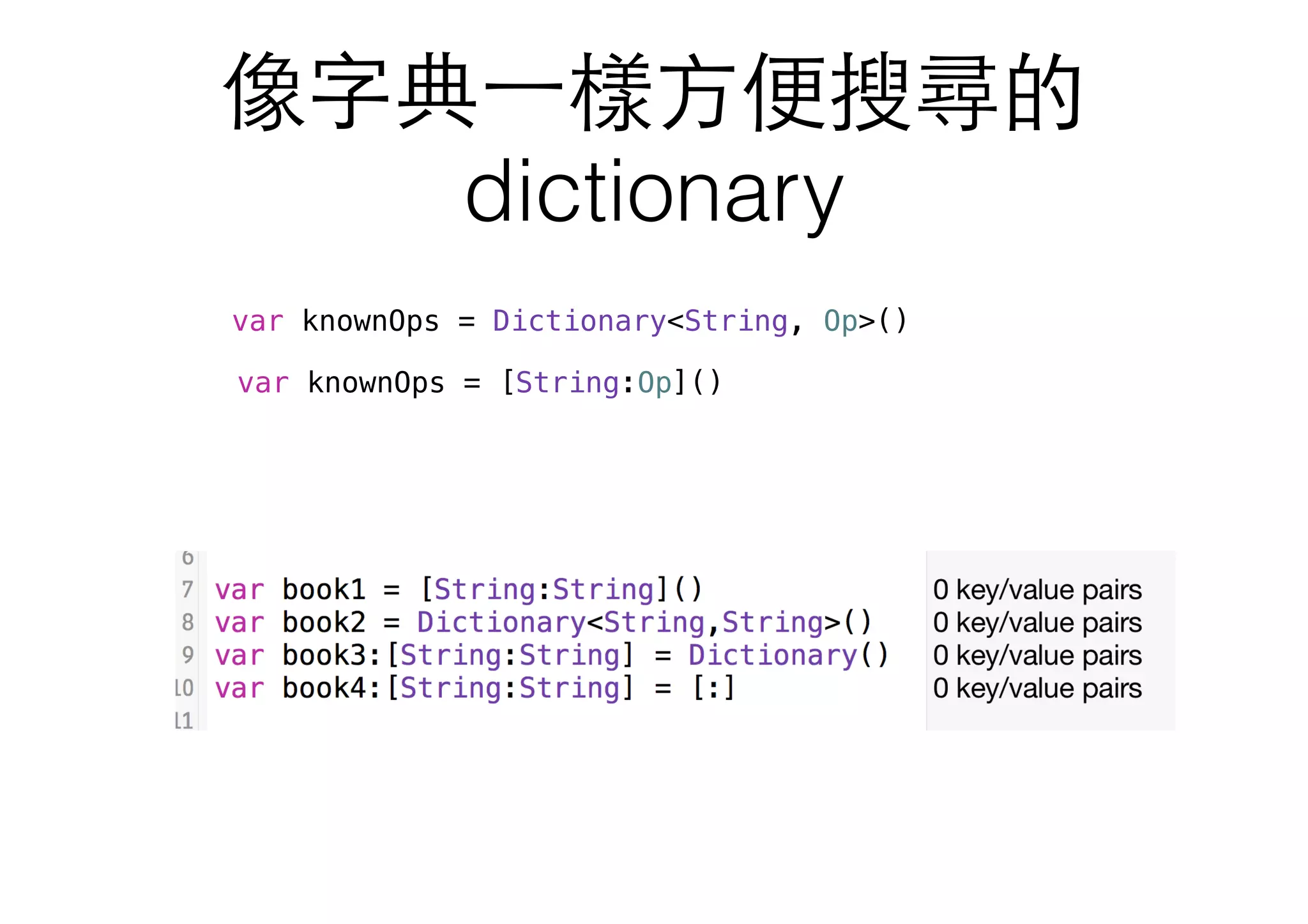像字典⼀一樣⽅方便搜尋的
dictionary
var knownOps = Dictionary<String, Op>()
var knownOps = [String:Op]()
 