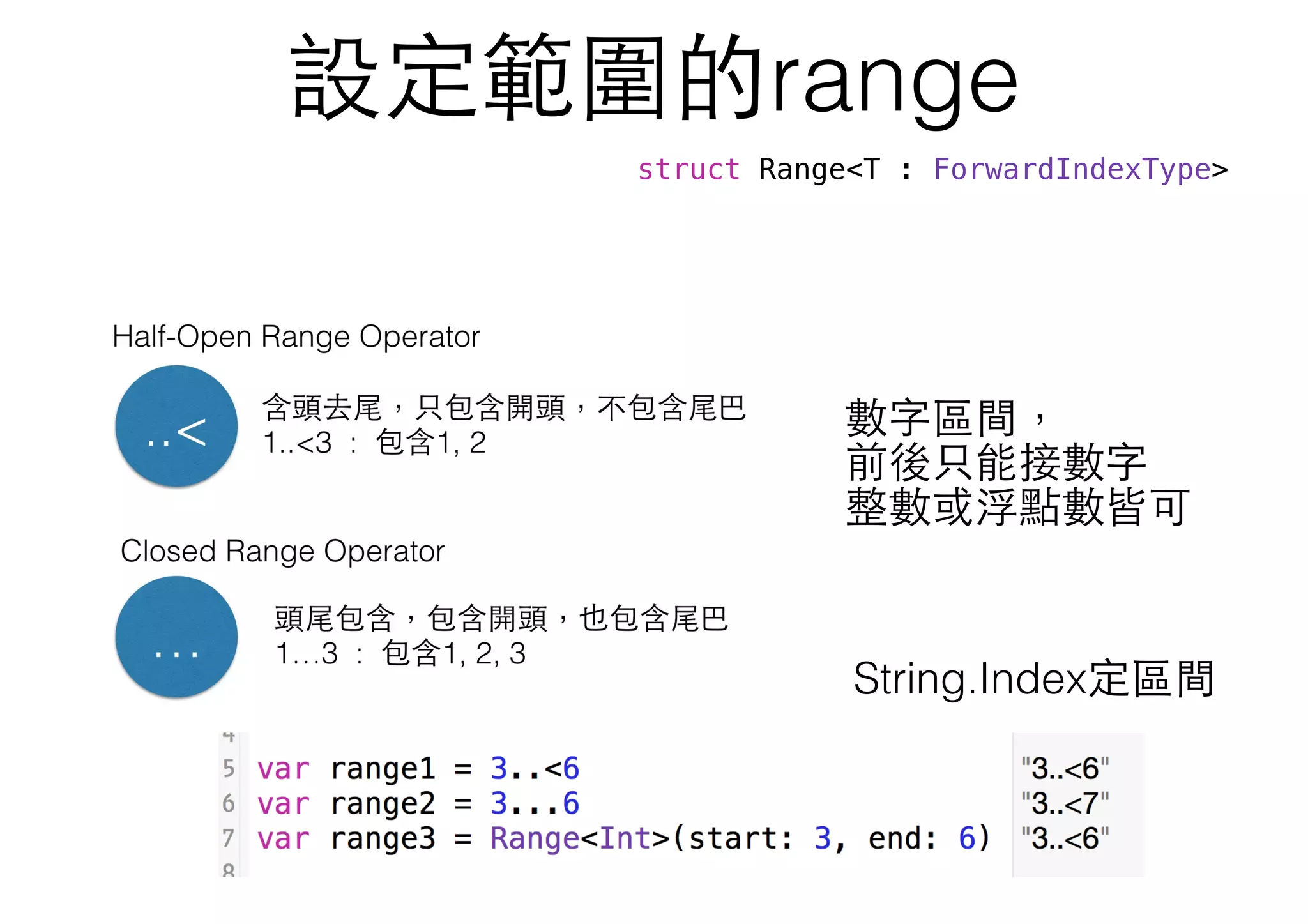 設定範圍的range
數字區間，
前後只能接數字
整數或浮點數皆可
struct Range<T : ForwardIndexType>
String.Index定區間
 