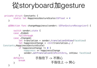 從storyboard加gesture
private struct Constants {
static let HappinessGestureScale:CGFloat = 4
}
@IBAction func changeHappiness(sender: UIPanGestureRecognizer) {
switch sender.state {
case .Ended:
fallthrough
case .Changed:
let translation = sender.translationInView(faceView)
let happinessChange = -Int(translation.y /
Constants.HappinessGestureScale)
if happinessChange != 0 {
happiness += happinessChange
sender.setTranslation(CGPointZero, inView: faceView)
}
default:
break
}
}
⼿手指往下 -> 不開⼼心
⼿手指往上 -> 開⼼心
 