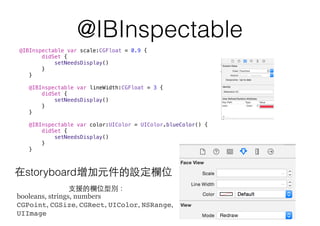 @IBInspectable
@IBInspectable var scale:CGFloat = 0.9 {
didSet {
setNeedsDisplay()
}
}
@IBInspectable var lineWidth:CGFloat = 3 {
didSet {
setNeedsDisplay()
}
}
@IBInspectable var color:UIColor = UIColor.blueColor() {
didSet {
setNeedsDisplay()
}
}
在storyboard增加元件的設定欄位
⽀支援的欄位型別：
booleans, strings, numbers
CGPoint, CGSize, CGRect, UIColor, NSRange,
UIImage
 