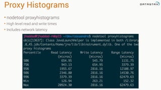 Proxy Histograms
• nodetool proxyhistograms
• High level read and write times
• Includes network latency
 