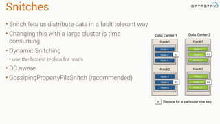Snitches
• Snitch lets us distribute data in a fault tolerant way
• Changing this with a large cluster is time
consuming
• Dynamic Snitching
• use the fastest replica for reads
• DC aware
• GossipingPropertyFileSnitch (recommended)
 