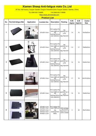 Xiamen Sheep Anti-fatigue mats Co.,Ltd
3/F,No.158 Factory,Tong'an Garden,Tong'an Industrial Zone,Tong'an District, Xiamen, China
TEL:0086-592-7198989 FAX:0086-592-7198988
https://www.ahomemats.com
Product List
No. Flat Anti-fatigue Mat Application Available Size Description Packing
N.W. G.W. Carton
(kg)/pc (kg)/ctn Size
PVC leather+PU
flat
foam+SBR anti
1 20"x30"x1.9cm
packing,1pc in
1.4 16 53x78x22cmslip
a PE
backing(Various
bag,10pcs/ctncolor selection)
PVC leather+PU
flat
foam+SBR anti
2 20"x32"x1.9cm
packing,1pc in
1.5 17 53x83x22cmslip
a PE
backing(Various
bag,10pcs/ctncolor selection)
PVC leather+PU
flat
foam+SBR anti
3 20"x36"x1.9cm
packing,1pc in
1.6 18 53x93x19cmslip
a PE
backing(Various
bag,10pcs/ctncolor selection)
PVC leather+PU
flat
foam+SBR anti
4 20"x39"x1.9cm
packing,1pc in
1.7 19 53x101x22cmslip
a PE
backing(Various
bag,10pcs/ctncolor selection)
PVC leather+PU
flat
foam+SBR anti
5 20"x36"x1.9cm
packing,1pc in
1.6 18 53x93x19cmslip
a PE
backing(Various bag,10pcs/ctn
color selection)
36"x48"x1.3cm PVC leather+PU
rolled packing,36"x48"x1.5cm foam+SBR anti
6 48"x53"x1.3cm slip
1 pc in a PE
4 29 95x41x29cm
bag,6 pcs in a
48"x53"x1.5cm backing(Chair
carton outside
48"x60"x1.3cm Mats)
 