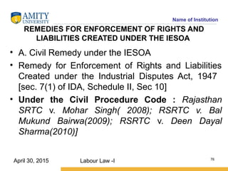 Name of Institution
REMEDIES FOR ENFORCEMENT OF RIGHTS AND
LIABILITIES CREATED UNDER THE IESOA
• A. Civil Remedy under the IESOA
• Remedy for Enforcement of Rights and Liabilities
Created under the Industrial Disputes Act, 1947
[sec. 7(1) of IDA, Schedule II, Sec 10]
• Under the Civil Procedure Code : Rajasthan
SRTC v. Mohar Singh( 2008); RSRTC v. Bal
Mukund Bairwa(2009); RSRTC v. Deen Dayal
Sharma(2010)]
Labour Law -I 76
April 30, 2015
 