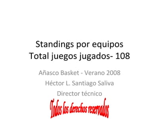 Standings por equipos Total juegos jugados- 108 Añasco Basket - Verano 2008 Héctor L. Santiago Saliva Director técnico Todos los derechos reservados 