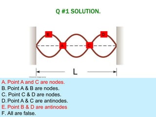 Q #1 SOLUTION.
A. Point A and C are nodes.
B. Point A & B are nodes.
C. Point C & D are nodes.
D.Point A & C are antinodes.
E. Point B & D are antinodes.
F. All are false.
A C
DB
 