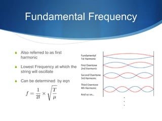 Fundamental Frequency
S Also referred to as first
harmonic
S Lowest Frequency at which the
string will oscillate
S Can be determined by eqn
 