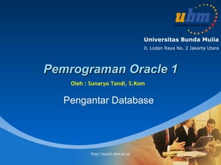 Pemrograman Oracle 1 Pengantar Database Oleh : Sunaryo Tandi, S.Kom 