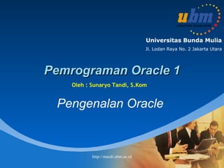 Pemrograman Oracle 1 Pengenalan Oracle Oleh : Sunaryo Tandi, S.Kom 