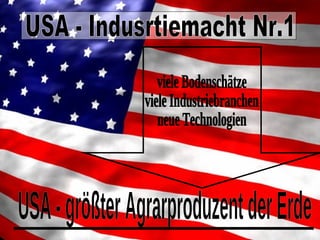 USA - Indusrtiemacht Nr.1 viele Bodenschätze viele Industriebranchen neue Technologien USA - größter Agrarproduzent der Erde 