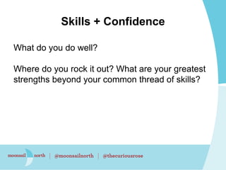 Skills + Confidence
What do you do well?
Where do you rock it out? What are your greatest
strengths beyond your common thr...