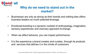Why do we need to stand out in the
market?
• Businesses are only as strong as their brands and nothing else offers
business leaders so much potential leverage.
• Emotional branding is a dynamic cocktail of anthropology, imagination,
sensory experiences and visionary approach to change.
• When we affect behavior, you can impact performance.
• It is the experience a brand creates and curates, through its products
and services that defines it in the minds of customers
Source: Brand Basics © 2011 QCMG; Designing Brand Identity, 3rd Edition, John Wiley & Sons
 
