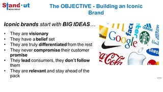 The OBJECTIVE - Building an Iconic
Brand
Iconic brands start with BIG IDEAS…
• They are visionary
• They have abelief set
• They are truly differentiated from the rest
• They never compromise their customer
promise
• They lead consumers, they don’t follow
them
• They are relevant and stay ahead of the
pack
 