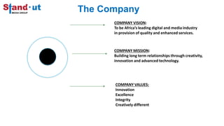 The Company
COMPANY VISION:
To be Africa’s leading digital and media industry
in provision of quality and enhanced services.
COMPANY MISSION:
Building long term relationships through creativity,
innovation and advanced technology.
COMPANY VALUES:
Innovation
Excellence
Integrity
Creatively different
 