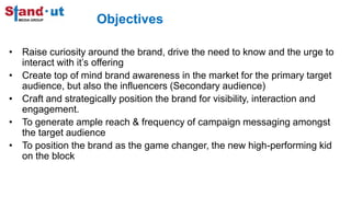 Objectives
• Raise curiosity around the brand, drive the need to know and the urge to
interact with it’s offering
• Create top of mind brand awareness in the market for the primary target
audience, but also the influencers (Secondary audience)
• Craft and strategically position the brand for visibility, interaction and
engagement.
• To generate ample reach & frequency of campaign messaging amongst
the target audience
• To position the brand as the game changer, the new high-performing kid
on the block
 