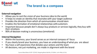 The brand is a compass
External navigation
• Allows you to cast the vision of your business idea to the world
• It helps to create an identity that resonateswith your target audience
• Provides the direction from which all communication should stem
• Enables the formation of emotional relationships withcustomers
• Important because people don’t always buy products or services logically, they buy with
their emotions
• 90% of decision making is unconscious (emotional)
Internal Navigation
• Within the business, your brand serves as an internal compass of focus
• If you clearly brand your business, you have an understanding of what you are about
• You have a self awareness that dictates your actions and the team
• All decisions, not just marketing, are made in alignment with the brand
Source: Brand Basics © 2011 QCMG; Designing Brand Identity, 3rd Edition, John Wiley & Sons
 