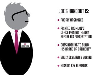 Joe’s Handout is:
poorly organized
printed from joe’s
office printer the day
before his presentation
does nothing to build
his brand or credibilty
badly designed & boring
missing key elements
Presenter
JOE
 