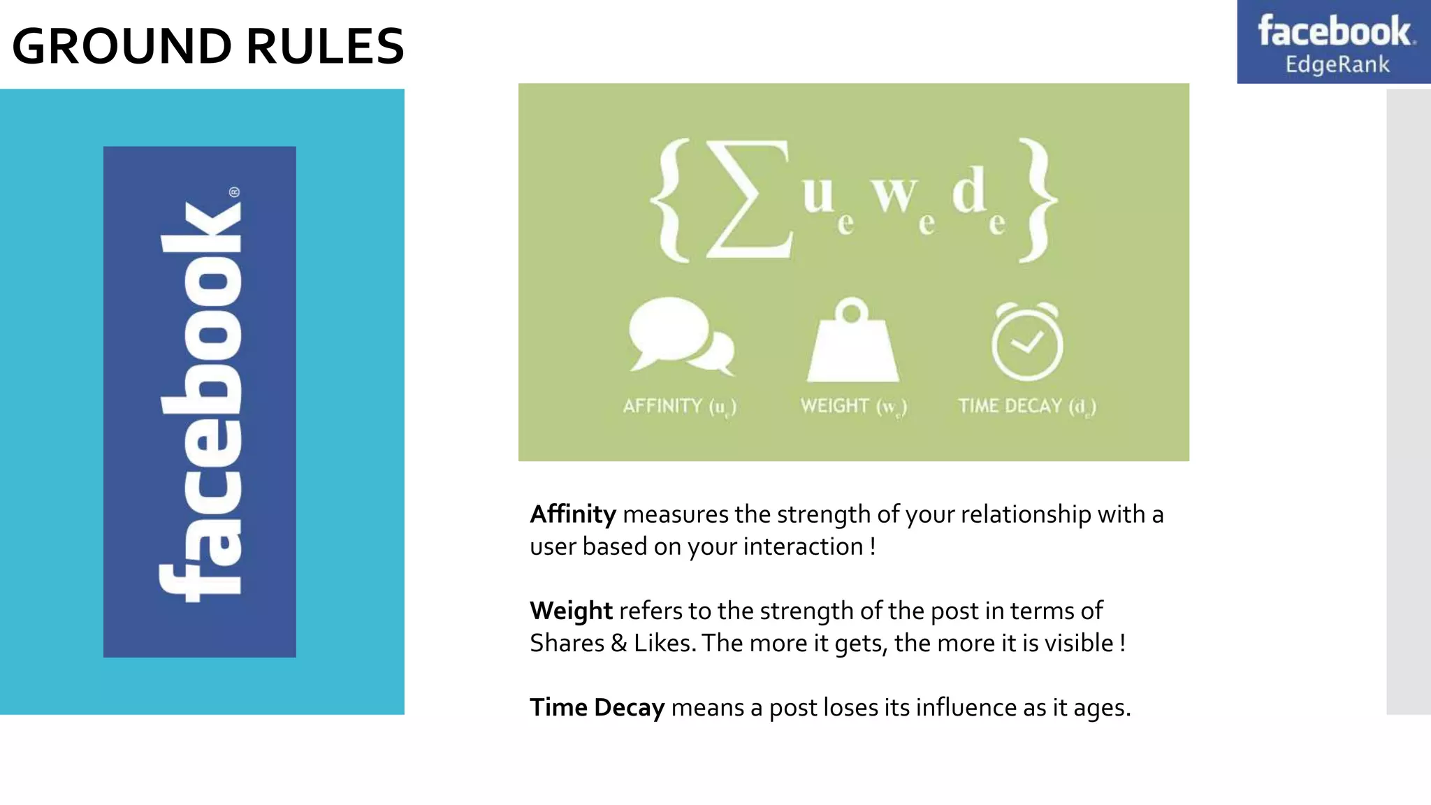 GROUND RULES
Affinity measures the strength of your relationship with a
user based on your interaction !
Weight refers to the strength of the post in terms of
Shares & Likes.The more it gets, the more it is visible !
Time Decay means a post loses its influence as it ages.
 