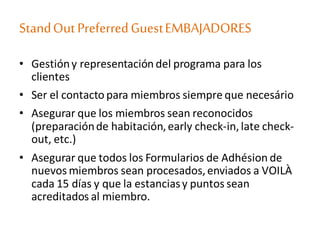 StandOutPreferredGuestEMBAJADORES
• Gestióny representación del programa para los
clientes
• Ser el contacto para miembros siempre que necesário
• Asegurar que los miembros sean reconocidos
(preparaciónde habitación,early check-in,late check-
out, etc.)
• Asegurar que todos los Formularios de Adhésion de
nuevos miembros sean procesados,enviados a VOILÀ
cada 15 días y que la estanciasy puntos sean
acreditados al miembro.
 