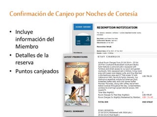 ConfirmacióndeCanjeoporNochesde Cortesía
• Incluye
información del
Miembro
• Detalles de la
reserva
• Puntos canjeados
 
