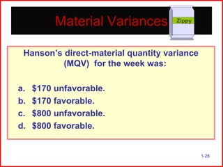 Material Variances

Zippy

Hanson’s direct-material quantity variance
(MQV) for the week was:
a.
b.
c.
d.

$170 unfavorable.
$170 favorable.
$800 unfavorable.
$800 favorable.

1-28

 