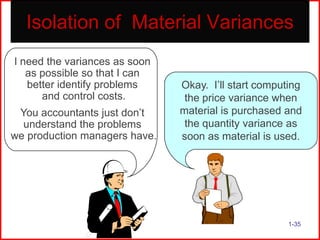 Isolation of Material Variances
I need the variances as soon
as possible so that I can
better identify problems
and control costs.
You accountants just don’t
understand the problems
we production managers have.

Okay. I’ll start computing
the price variance when
material is purchased and
the quantity variance as
soon as material is used.

1-35

 