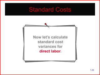 Standard Costs

Now let’s calculate
standard cost
variances for
direct labor.

1-36

 