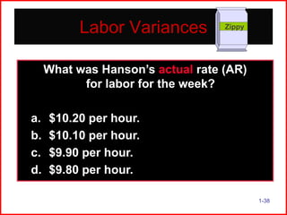 Labor Variances

Zippy

What was Hanson’s actual rate (AR)
for labor for the week?
a.
b.
c.
d.

$10.20 per hour.
$10.10 per hour.
$9.90 per hour.
$9.80 per hour.
1-38

 