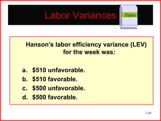 Labor Variances

Zippy

Hanson’s labor efficiency variance (LEV)
for the week was:

a.
b.
c.
d.

$510 unfavorable.
$510 favorable.
$500 unfavorable.
$500 favorable.
1-44

 