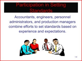 Participation in Setting
Standards
Accountants, engineers, personnel
administrators, and production managers
combine efforts to set standards based on
experience and expectations.

1-9

 