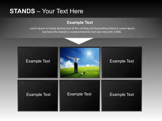 STANDS – Your Text Here
Example Text Example Text
Example Text
Example Text
Lorem Ipsum is simply dummy text of the printing and typesetting industry. Lorem Ipsum
has been the industry's standard dummy text ever since the 1500s.
Example Text
Example Text
 
