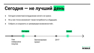 Сегодня — не лучший день
Сегодня
Уже
совершена
покупка
Запланирован
проект
2017
Заказ!
● Сегодня клиентам/сотрудникам ничего не нужно.
● Но у них точно возникнет такая потребность в будущем.
● Собрать и сохранить в «резервуаре возможностей».
 
