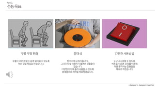 ⓒSaebyeol Yu. Saebyeol’s PowerPoint
Part 2,
성능목표
무릎이아픈분들이 쉽게일어설수있도록
하는것을목표로하였습니다.
무릎부담완화
한의자에고정시킬경우,
그의자만을이용하기불편한상황들이
많습니다.
다양한의자에올려사용할수있도록
휴대용으로제작을목표하였습니다.
휴대성
누구나사용할수있도록,
버튼을누르면 모터를이용해
자동동작하는간편함을
목표로하였습니다.
간편한사용방법
 