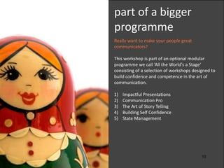 10
Really want to make your people great
communicators?
This workshop is part of an optional modular
programme we call ‘All the World’s a Stage’
consisting of a selection of workshops designed to
build confidence and competence in the art of
communication.
1) Impactful Presentations
2) Communication Pro
3) The Art of Story Telling
4) Building Self Confidence
5) State Management
part of a bigger
programme
 