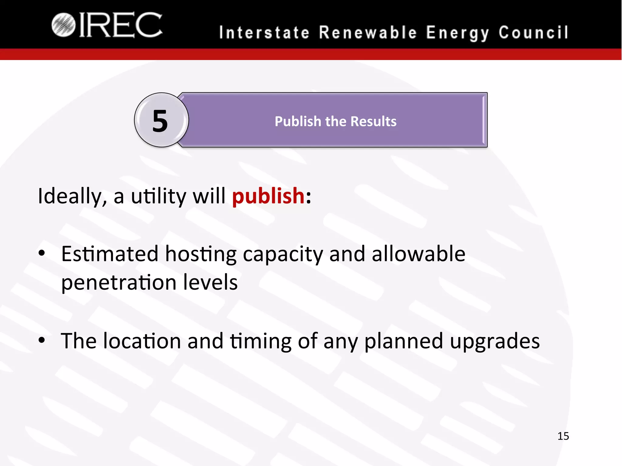 5

Publish	
  the	
  Results	
  

Ideally,	
  a	
  u'lity	
  will	
  publish:	
  
	
  
•  Es'mated	
  hos'ng	
  capacity	
  and	
  allowable	
  
penetra'on	
  levels	
  
	
  
•  The	
  loca'on	
  and	
  'ming	
  of	
  any	
  planned	
  upgrades	
  	
  
	
  

15	
  

 