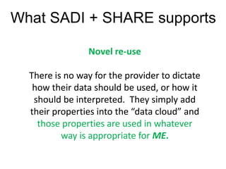 What SADI + SHARE supports<br />Novel re-use<br />There is no way for the provider to dictate how their data should be use...