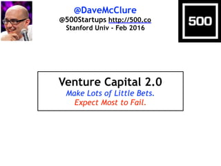 @DaveMcClure
@500Startups http://500.co
Stanford Univ - Feb 2016
Venture Capital 2.0
Make Lots of Little Bets.
Expect Most to Fail.
 